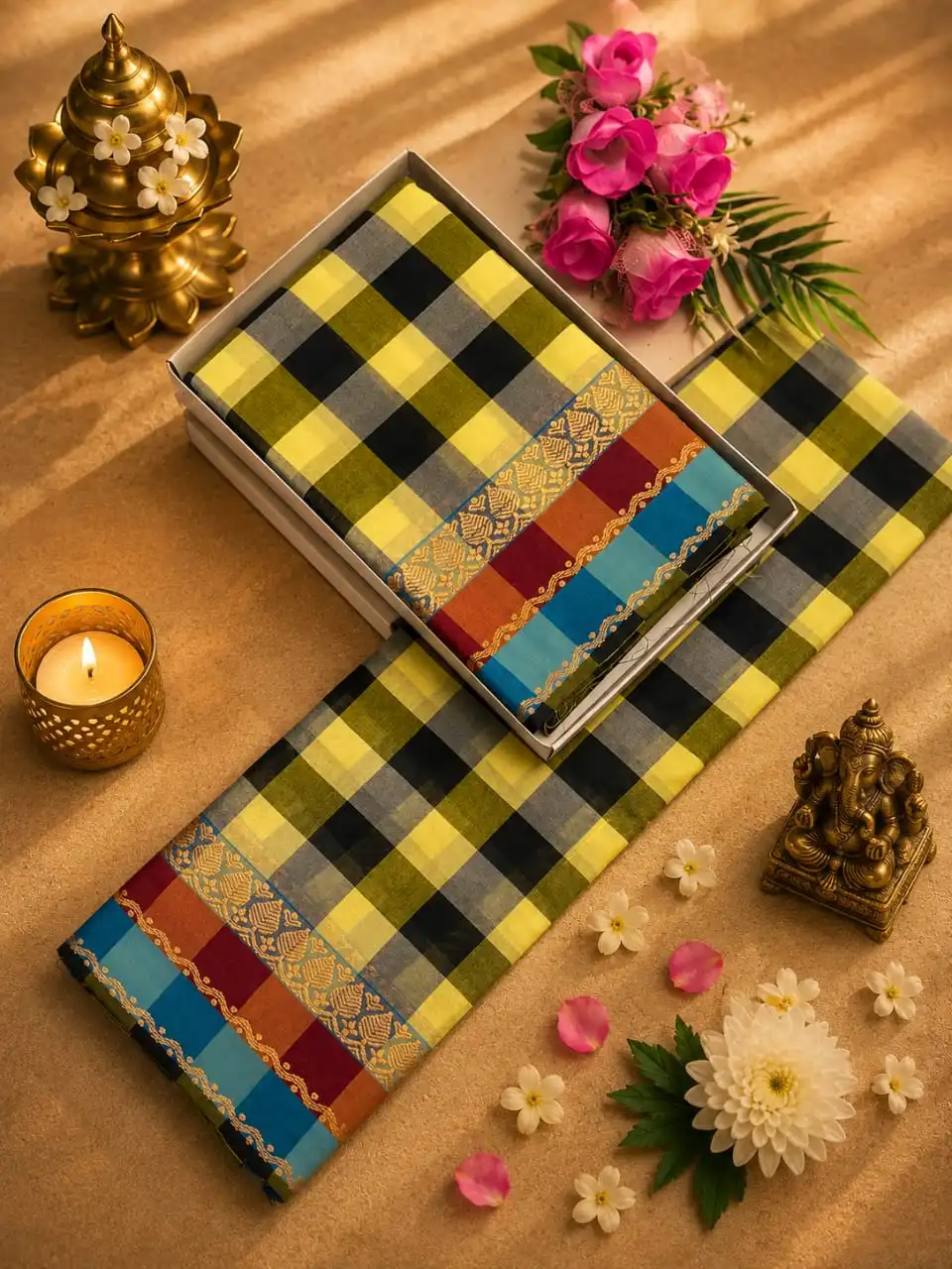 Traditional Leaf Motif Copper Jari Checked Saree